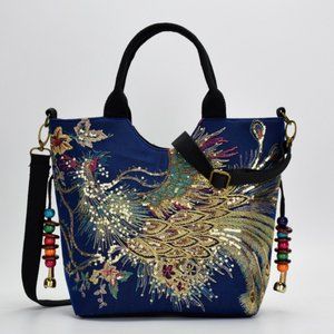 Canvas Bag with Sequined Peacock Design Shoulder Straps Wooden Tassels NWOT